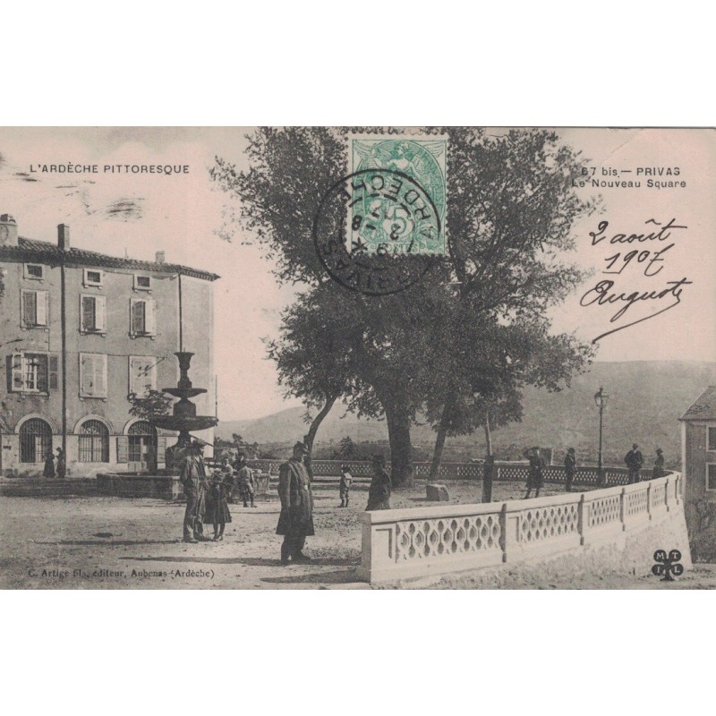 PRIVAS - LE NOUVEAU SQUARE - CARTE POSTALE DATEE DE 1907.