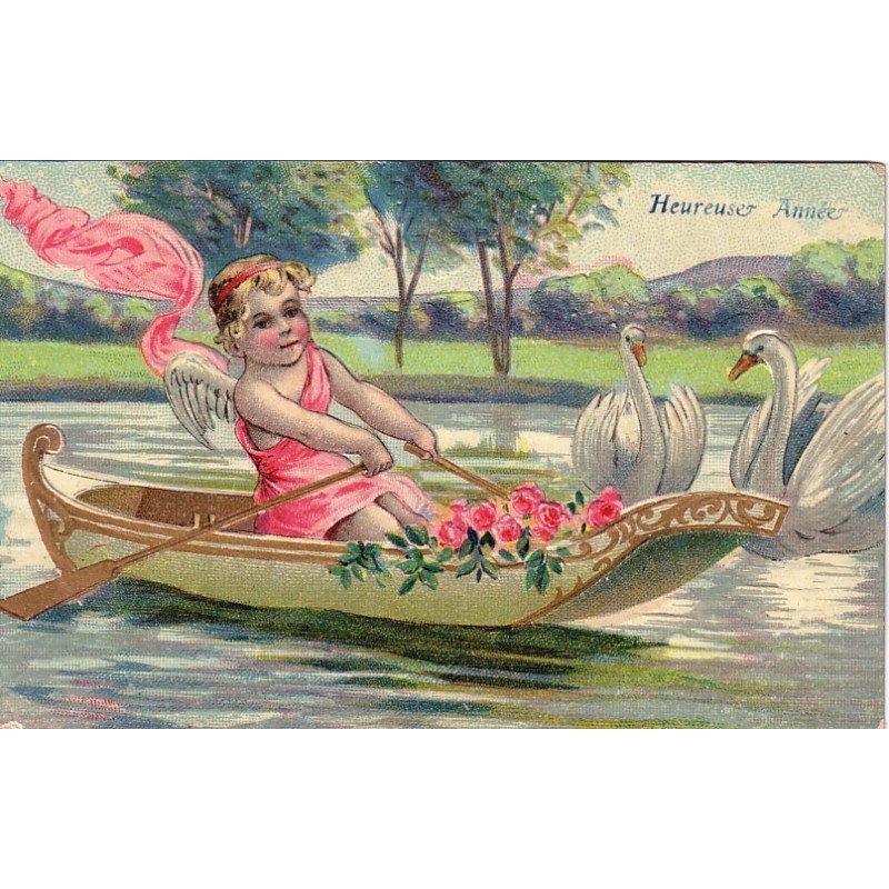 BONNE ANNEE - CARTE GAUFREE - ILLUSTRATION ANGE DANS UNE BARQUE..