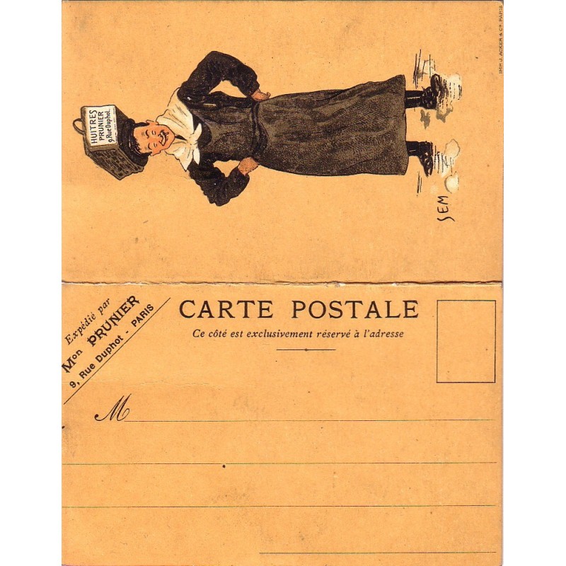 PARIS - HUITRES PRUNIER - ILLUSTRATEUR SEM - CARTE AVEC PRIX DU TRAITEUR PRUNIER.