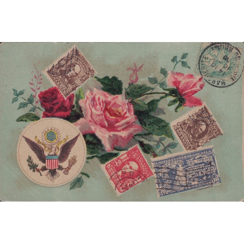 ETATS-UNIS - CARTE REPRESENTANT DIVERS TIMBRES DES ETATS-UNIS - CARTE DATEE DE 1906.