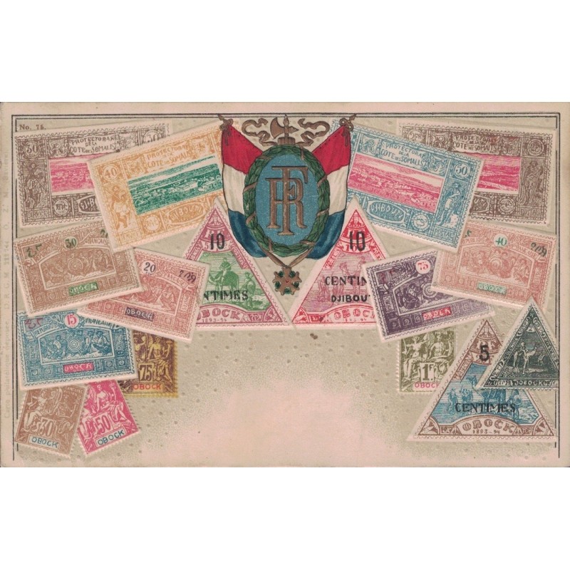 OBOCK - CARTE POSTALE AVEC ILLUSTRATION TIMBRE D'OBOCK - DJIBOUTI - COLONIE FRANCAISE.