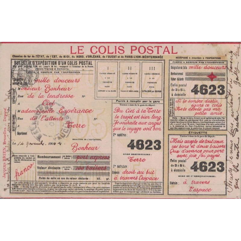 LE COLIS POSTAL - CARTE ILLUTREE D'UN FORMULAIRE D'EXPEDITION D'UN COLIS POSTAL - CIRCULEE MAIS SANS TIMBRE.