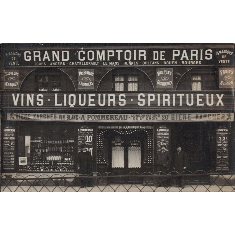 TOURS - GRAND COMPTOIR DE PARIS - VINS, LIQUEURS, SPIRITUEUX -  SUPERBE CARTE PHOTO - DEVANTURE DE MAGASIN - ANIMATION - RARE.