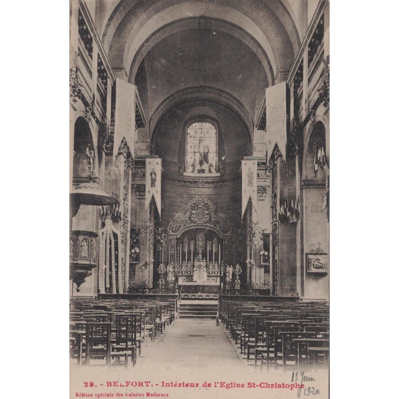 BELFORT - INTERIEUR DE L'EGLISE ST CHRISTOPHE -  CARTE AVEC LONG TEXTE.