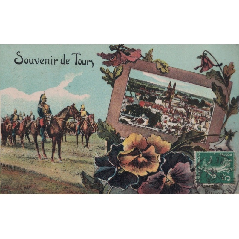 TOURS - SOUVENIR DE TOURS - CAVALERIE - VUE D'ENSEMBLE - CARTE DATEE DE 1913.