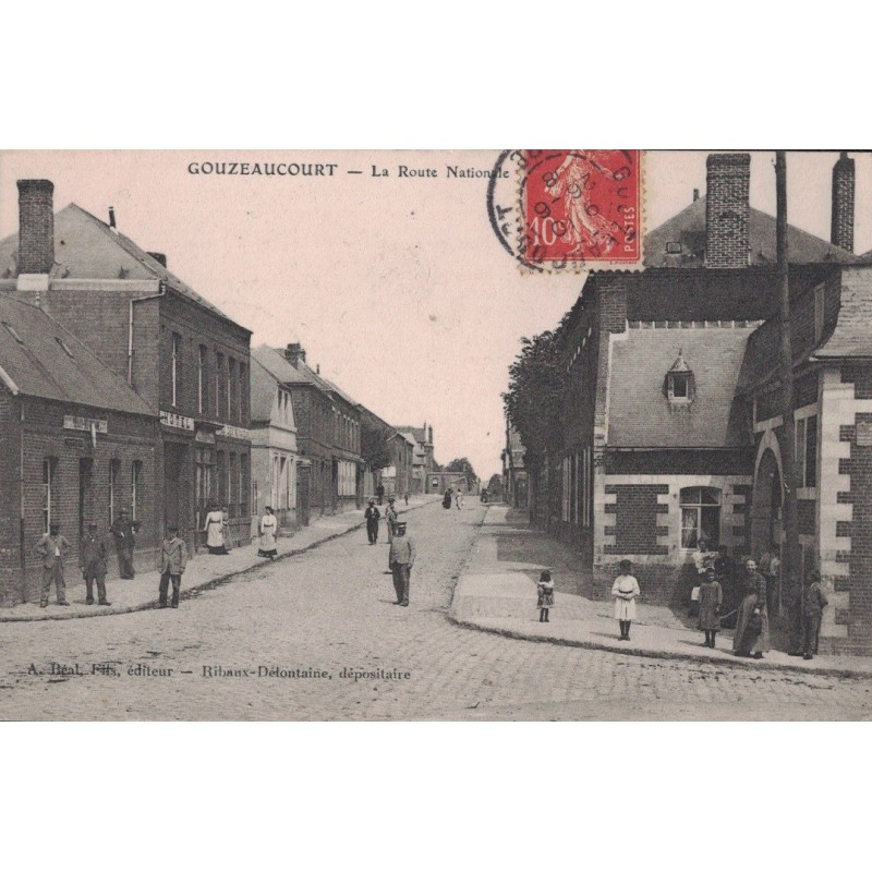 GOUZEAUCOURT - LA ROUTE NATIONALE - ANIMATION - CARTE DATEE DE 1908.