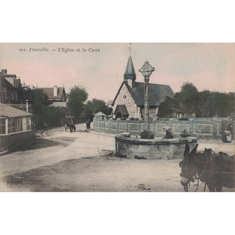 POURVILLE - L'EGLISE ET LA CROIX - ANIMATION - CARTE NON CIRCULEE.