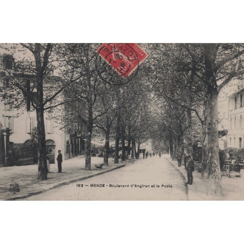 MENDE - BOULEVARD D'ANGIRAN ET LA POSTE -  ANIMATION - CARTE DATEE DE 1908.