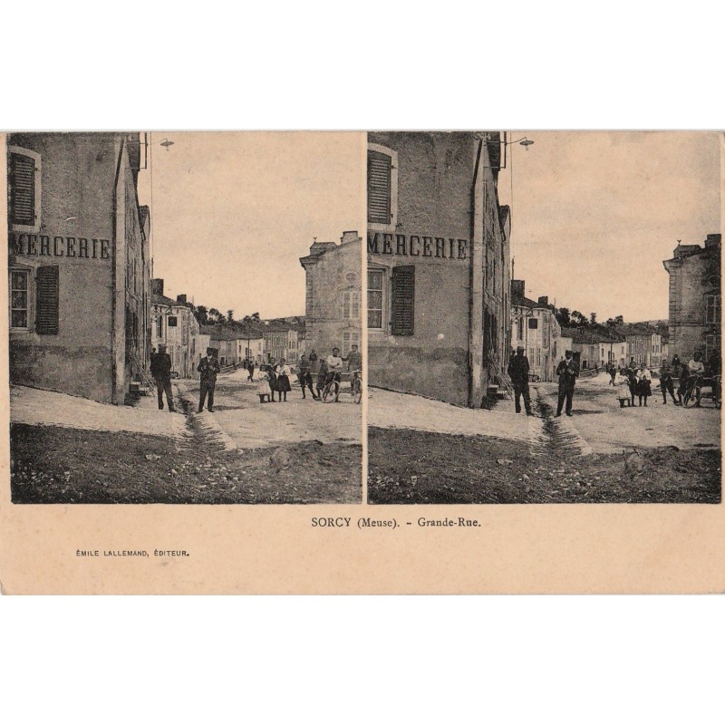 SORCY - GRANDE RUE - MERCERIE - ANIMATION - CARTE STEREO DATEE DE 1914.