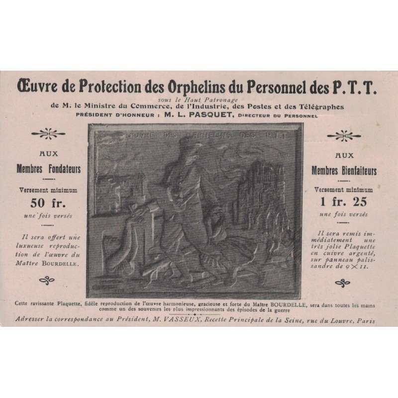 OEUVRE DE PROTECTION DES ORPHELINS DU PERSONNEL DES P.T.T. - FACTEUR - CARTE NON CIRCULEE.