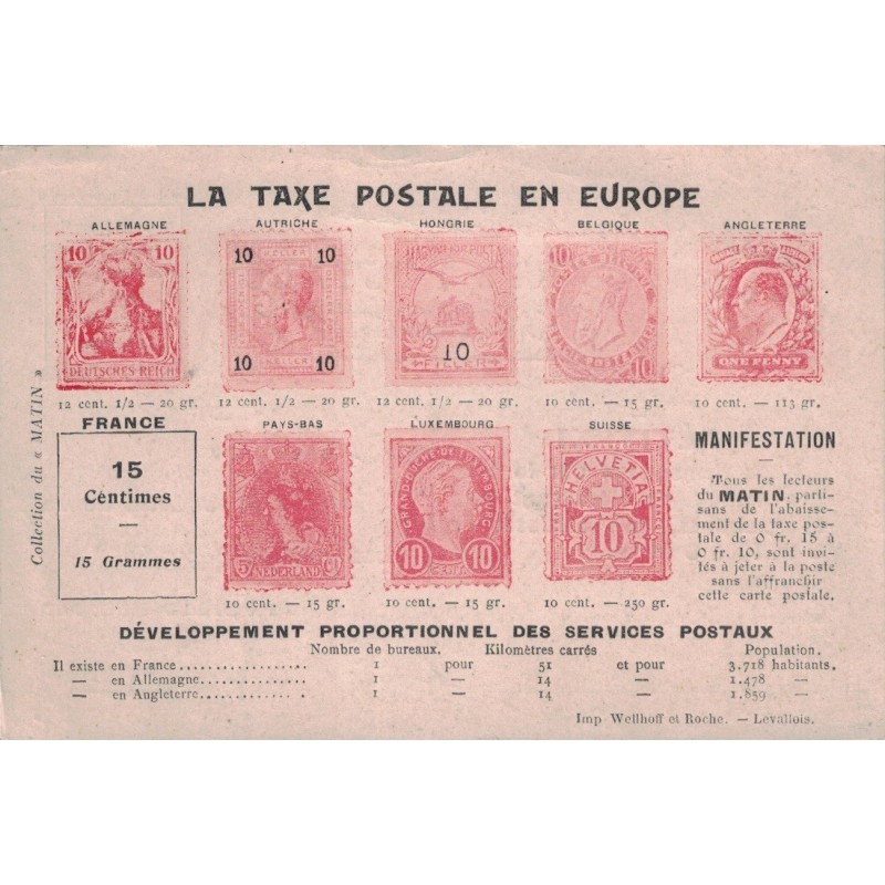 LA TAXE POSTALE EN EUROPE  - REPRESENTATION DES TIMBRES COURANTS EN EUROPE - CARTE NON CIRCULEE.