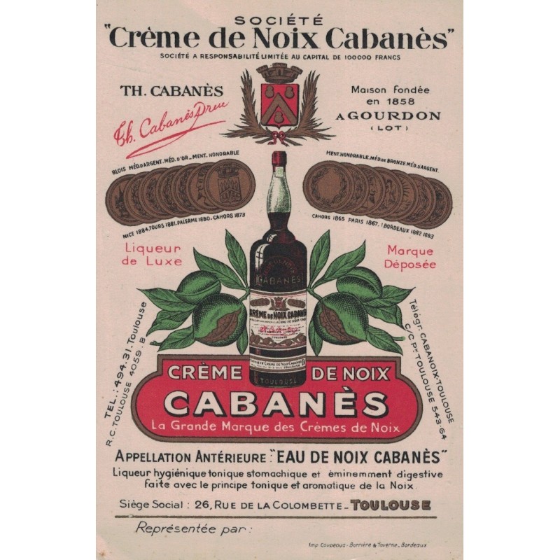 TOULOUSE - CREME DE NOIX CABANES  - CARTE POSTALE PUBLITAIRE NON CIRCULEE.