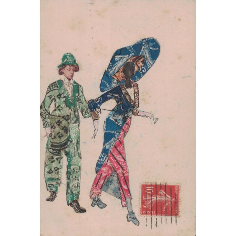 COLLAGE - ILLUSTRATION AVEC DECOUPE DE TIMBRE - COUPLE A LA MODE - CARTE AVEC TEXTE.