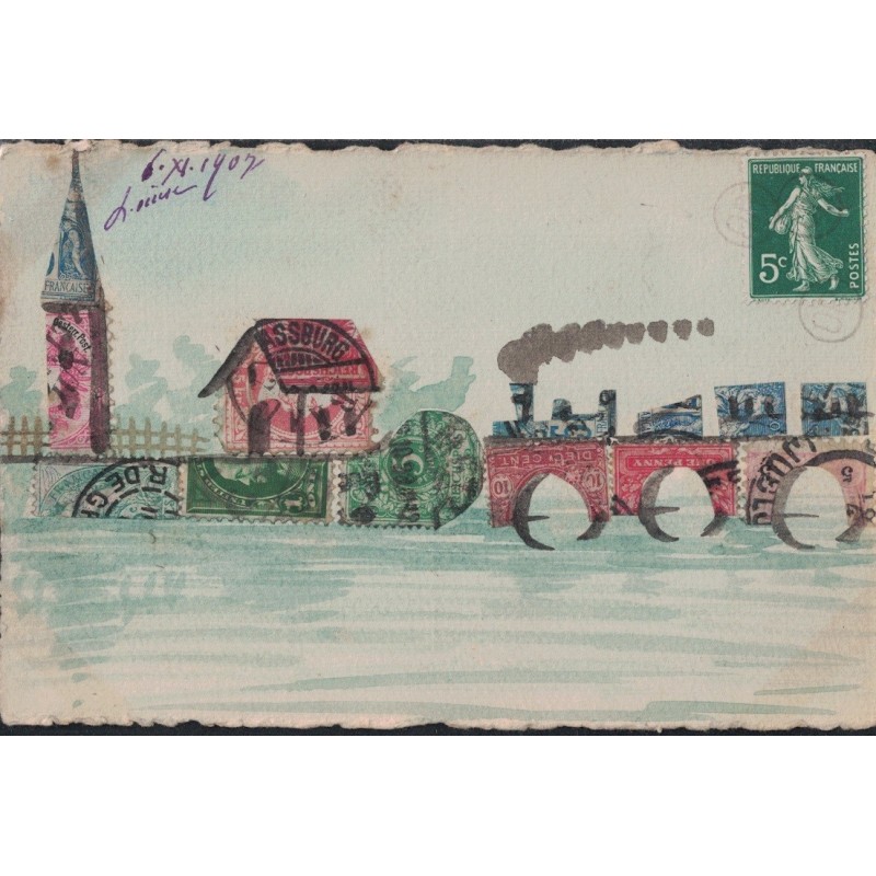 COLLAGE - ILLUSTRATION AVEC DECOUPE DE TIMBRE - UN TRAIN PASSE LE PONT - CARTE DATEE DU 6-12-1907.