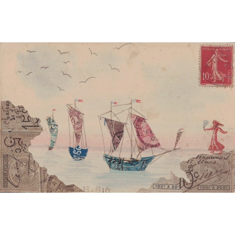 COLLAGE - ILLUSTRATION AVEC DECOUPE DE TIMBRE - LES NAVIRE DANS LA RADE - CARTE DATEE DU 27-3-1910.