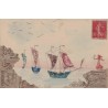 COLLAGE - ILLUSTRATION AVEC DECOUPE DE TIMBRE - LES NAVIRE DANS LA RADE - CARTE DATEE DU 27-3-1910.