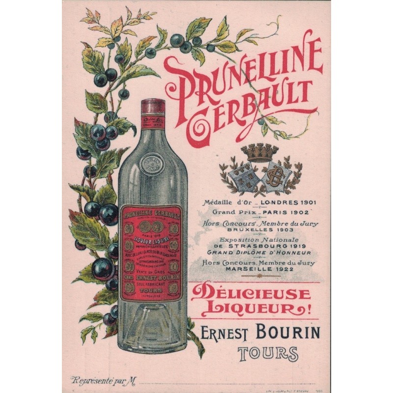 TOURS - PRUNELLINE GERBAULT - DELICIEUSE LIQUEUR - ERNEST BOURIN - TOURS - CARTE POSTALE AVIS DE PASSAGE -- NON CIRCULEE.