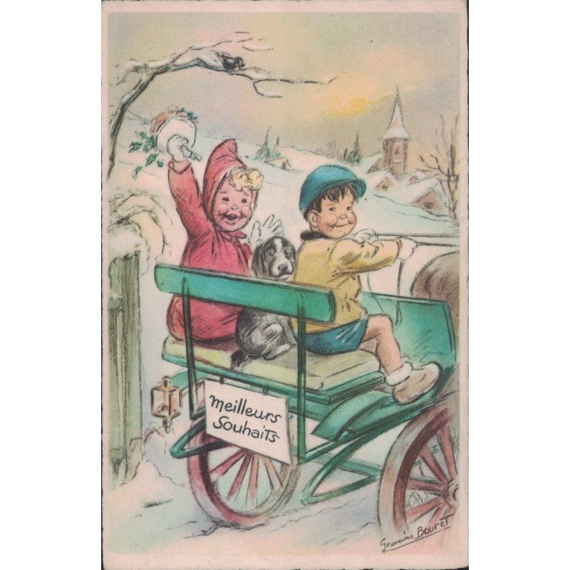 GERMAINE BOURET - ILLUSTRATEUR - MEILLEURS SOUHAITS  - CARTE DATEE DE 1954.