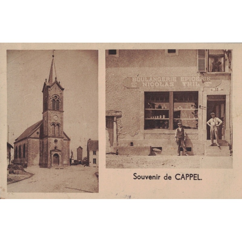 CAPPEL - BOULANGERIE EPICERIE NICOLAS THIL - ANIMATION - TEXTE SUR LA MOBILISATION - CARTE DATEE DE 1938 - RARE.