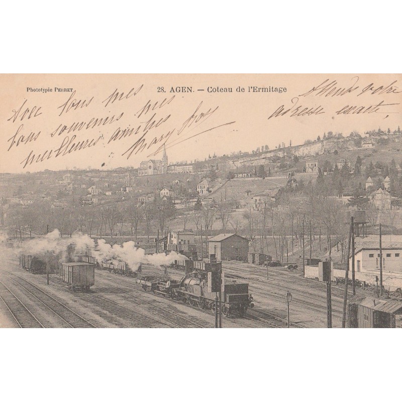 AGEN - COTEAU DE L'HERMITAGE - LA GARE  - TRAIN - CARTE DATEE DE 1903.