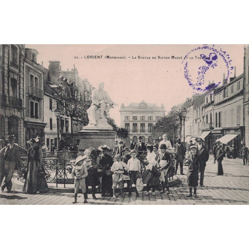 LORIENT - LA STATUE DE VICTOR MASSE ET LE THEATRE - ANIMATION - ENFANTS - CARTE DATEE DE 1910.