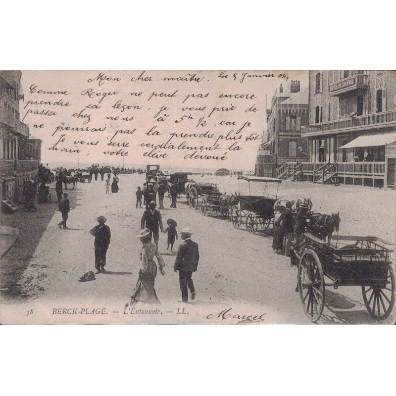 BERCK-PLAGE - L'ENTONNOIR - ANIMATION ET ATTELAGE - CARTE DATEE DE 1904.