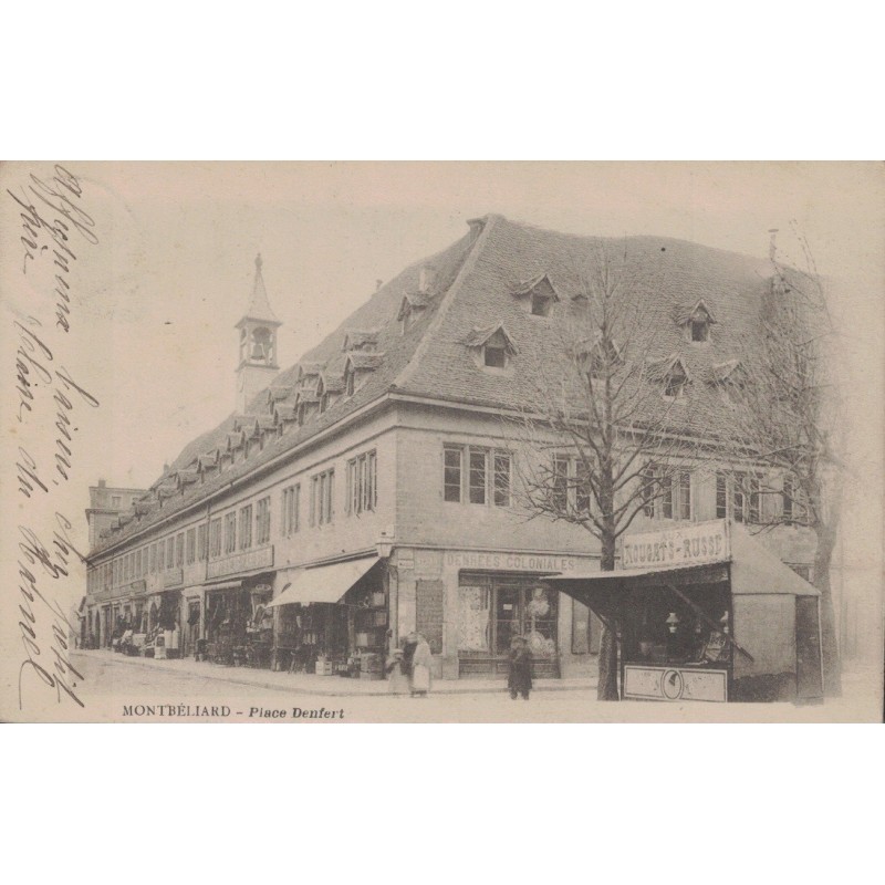 MONTBELIARD - PLACE DENFERT - COMMERCES - CARTE AVEC TEXTE.