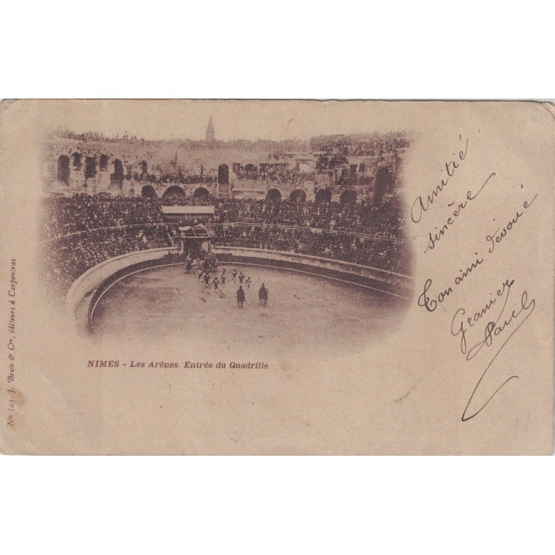 NIMES - LES ARENES - ENTREE DU QUADRILLE - AFFRANCHISSEMENT 5x TYPE BLANC - CARTE DATEE DE 1904