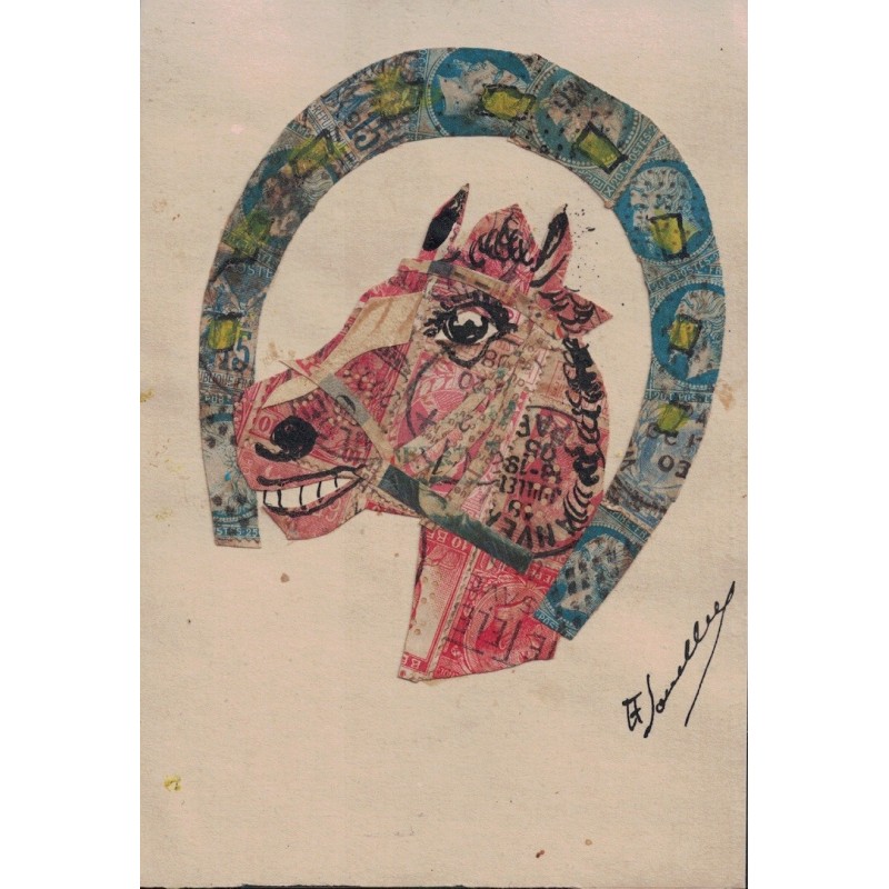 COLLAGE - ILLUSTRATION AVEC DECOUPE DE TIMBRE EMPIRE N°22 ET 29 - FER A CHEVAL ET CHEVAL - CARTE NON CIRCULEE.