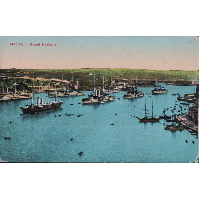 MALTE - GRAND HARBOUR - BATEAUX - CARTE DATEE DE 1914.