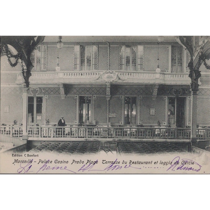 MARSEILLE - PALACE CASINO - PRADO PLAGE - TERRASSE DU RESTAURANT ET LOGGIA DU CERCLE - CARTE AVEC TEXTE.