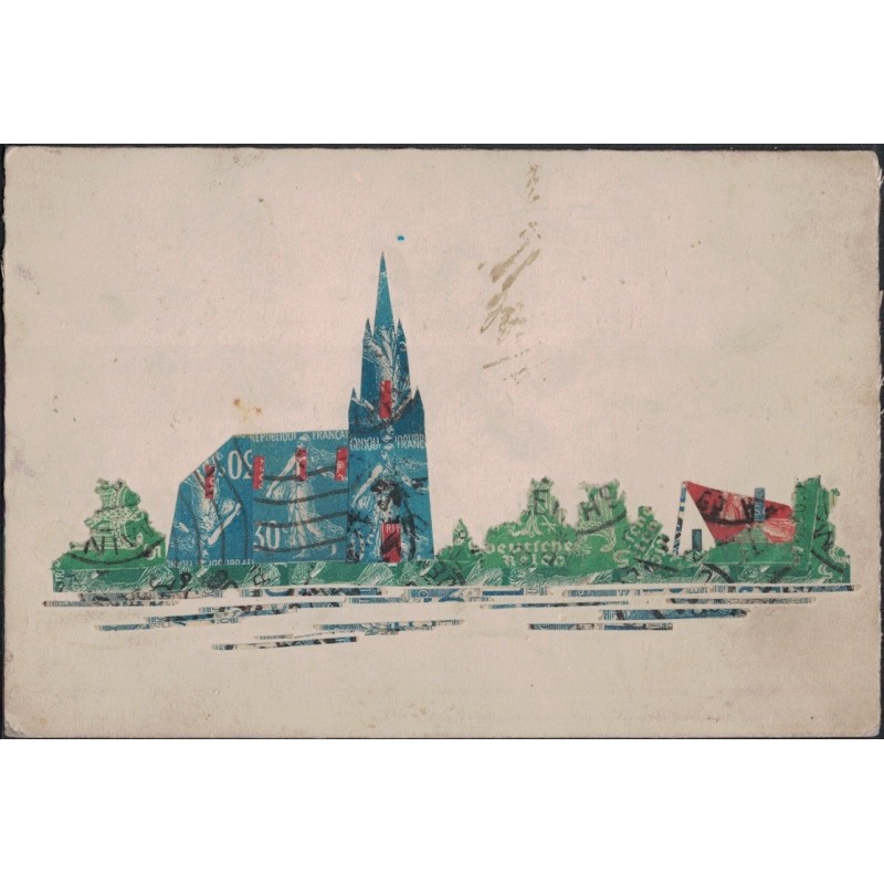 COLLAGE - ILLUSTRATION AVEC DECOUPE DE TIMBRE TYPE SEMEUSE ET TIMBRES ALLEMAND - CARTE NON CIRCULEE.