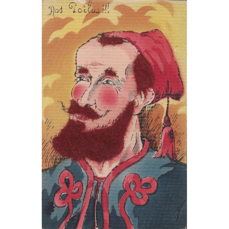 CARTE PEINTE AVEC COLLAGE DE BARBE - ILLUSTRATION NOS POILUS - CARTE AVEC TEXTE.