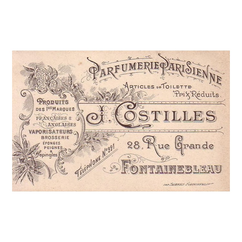 FONTAINEBLEAU - PARFUMERIE PARISIENNE -  J.COSTILLES - 28 RUE GRANDE - CARTE PUB NON POSTALE FORMAT 12,5x8cm.