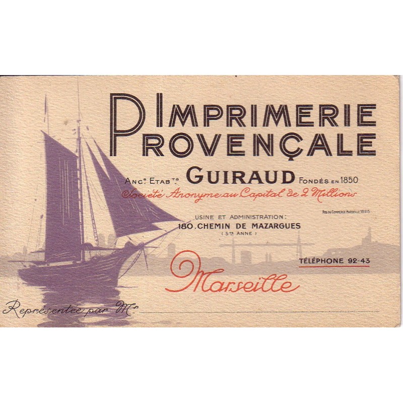 MARSEILLE - IMPRIMERIE PROVENCALE GUIRAUD - 180 CHEMIN DE MAZARGUES - AVIS DE PASSAGE - FORMAT 16x10,2cm.
