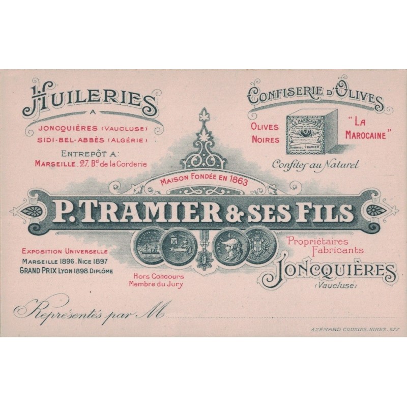 JONCQUIERES - HUILERIES - CONFISERIE D'OLIVES - P.TRAMIER & SES FILS - EXPO DE MARSEILLE 1897 - VAUCLUSE - CARTE NON POSTALE.
