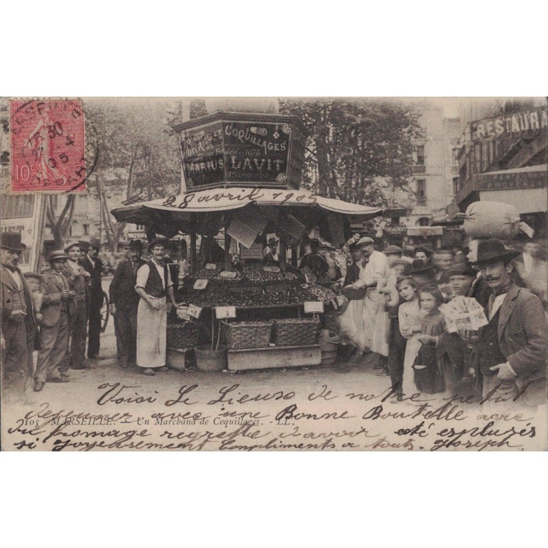 MARSEILLE - UN MARCHAND DE COQUILLAGES - ANIMATION - ENFANTS - CARTE DATEE DE 1905.