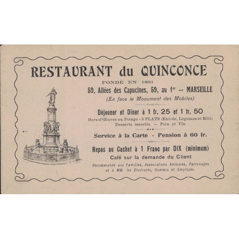 MARSEILLE - RESTAURANT DU QUINCONCE - Mr FOURNIER - CARTE PUB  NON CIRCULEE.