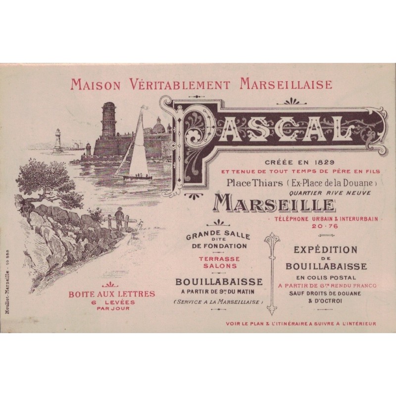 MARSEILLE - RESTAURANT PASCAL - VOLET  FORMAT DOUBLE CARTE INTERIEUR AVEC PLAN - NON CIRCULEE.