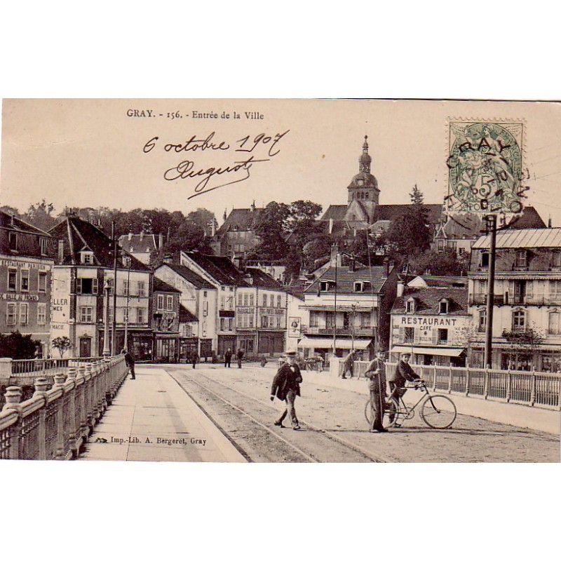 GRAY - ENTREE DE VILLE - ANIMATION - VELO - CARTE DATEE DE 1907.