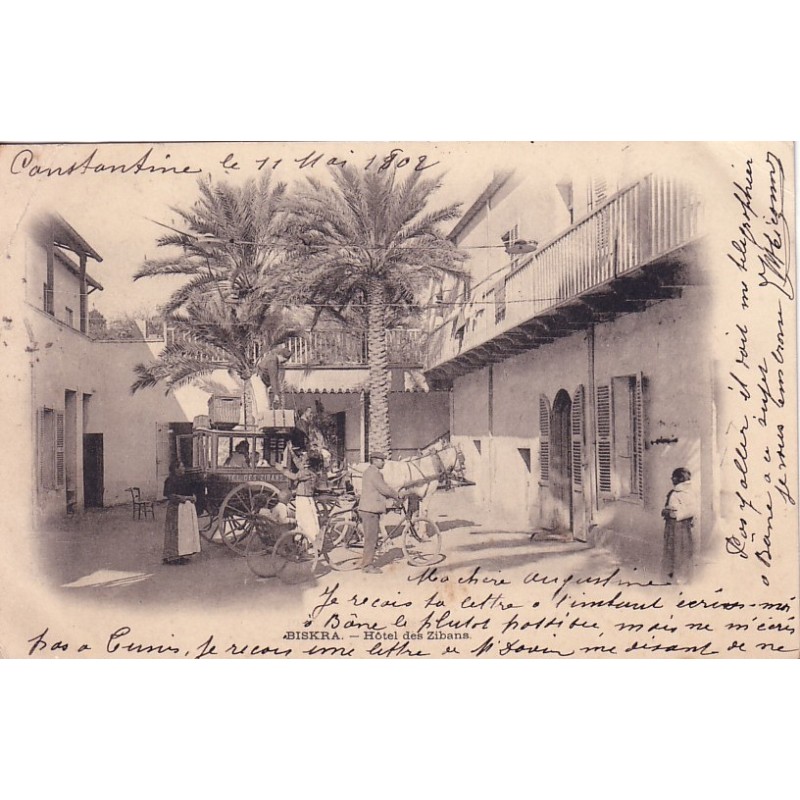 BISKRA - HOTEL DES ZIBANS - VOITURE AVEC CHEVAUX POUR LES CLIENTS - CARTE DATEE DE 1902.