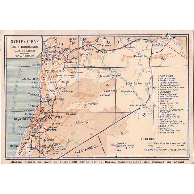 SYRIE ET LIBAN - CARTE TOURISTIQUE - D'APRES LE BUREAU TOPOGRAPHIQUE DES TROUPES DU LEVANT - CARTE POSTALE NEUVE